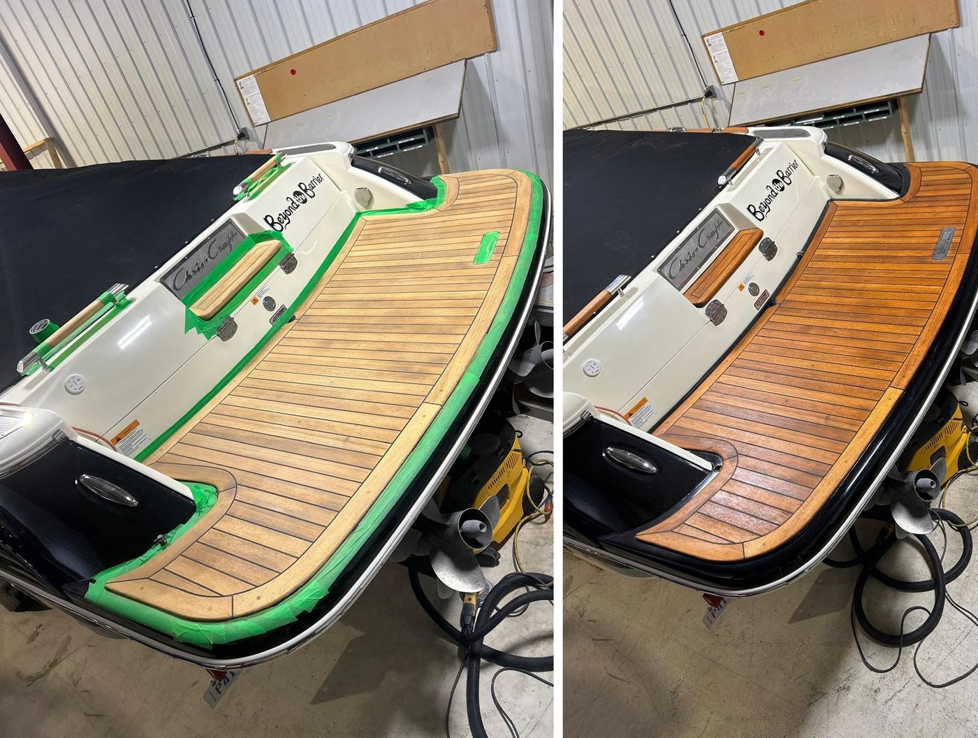 Chris Craft teak deck before and after restoration: sun-bleached and dry on the left, fully restored and sealed on the right